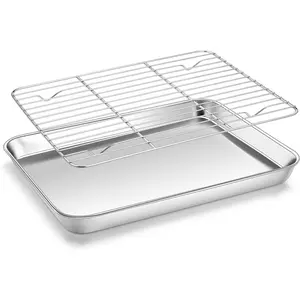 Quarter Sheet with Rack (1 Pan + 1 Rack), 9x13 Stainless Steel Baking Pan with Wire Cooling Rack for Toaster Oven Roasting, Metal Bacon Cookie Trays Nonstick & Rust Free, Dishwasher Safe