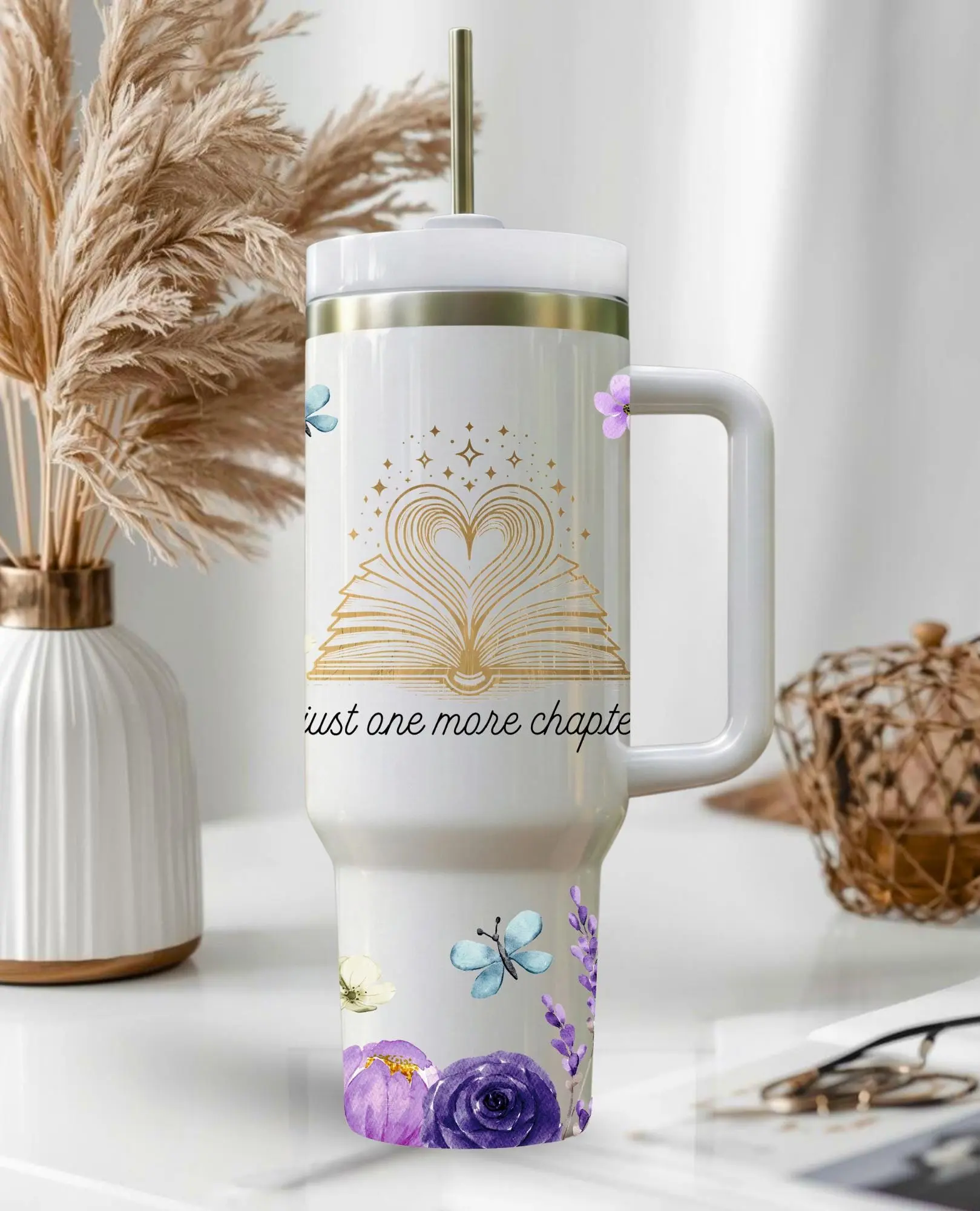 Just One More Chapter 40oz Tumbler with Handle Lavender Floral Bookish Gift