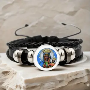 Ezillie Danto Black Leather Wrap Bracelet with Silver Beads and Religious Icon Design for Women