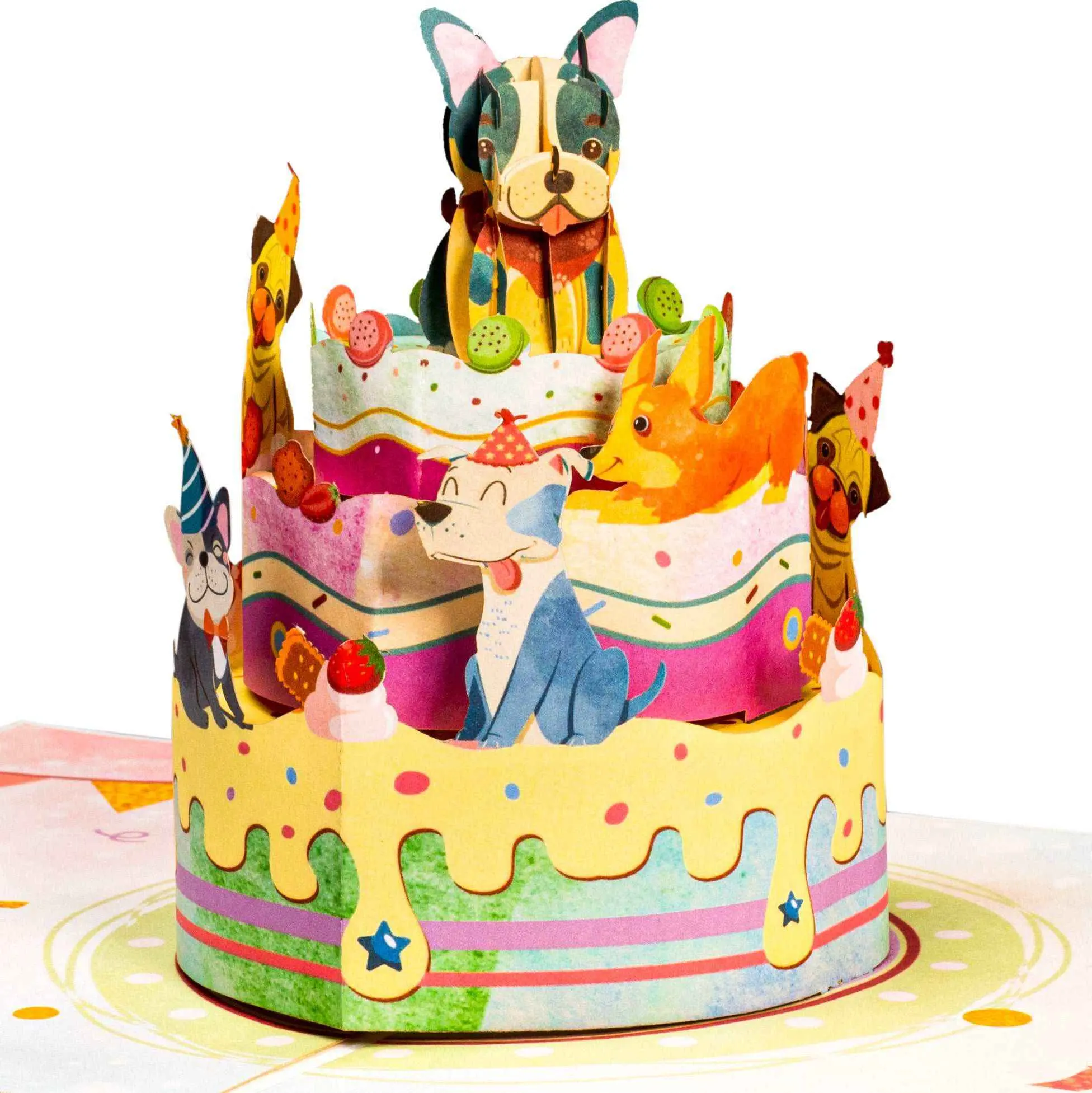 Dog Birthday Cake Pop Up Card - 3D Three-Tiered Cake with Adorable Dogs - Eco-Friendly Recycled Materials - 8" x 6" - Perfect for Birthdays & Parties