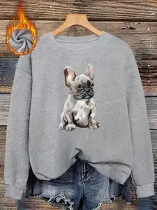 Cute French Bulldog Print Faux Fur Round Neck Top, Velvety Texture, Soft and Skin-Friendly, Casual Loose Fit Pullover Sweater