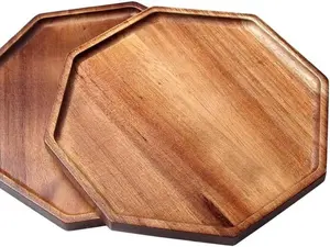 11"x 11" 3 Set Octagon Acacia Wood Serving Tray Wooden Bread Fruit Platter Large Decorative Plates Charcuterie Cheese Board Vegetable Dish for Salad Pizza Cupcakes Charger Plate