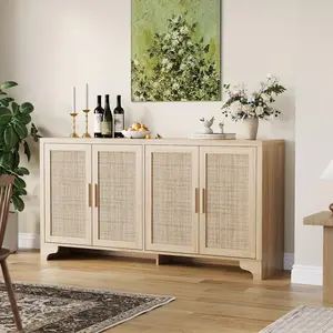 Natural Rattan Storage Cabinet with Shelves, 4-Door Sideboard Buffet Cabinet, Boho TV Stand Console Table for Living Room, Entryway, Dinning Room