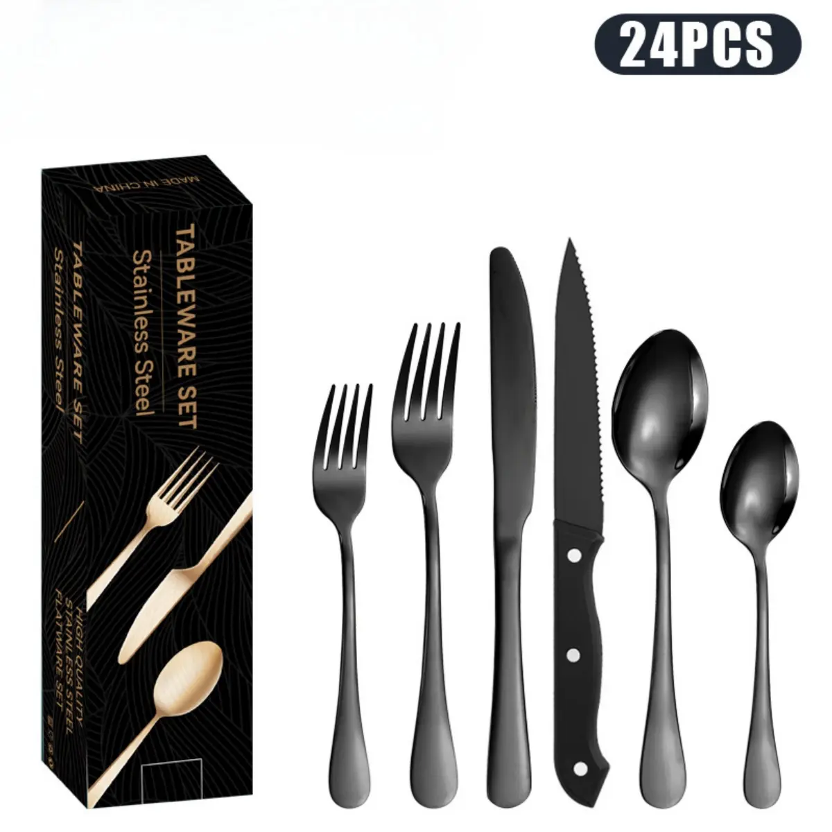 Black 24-Piece Modern Solid Stainless Steel Cutlery & Tableware Set for Adults - Sawtooth Blade Steak Knives, Black Dinner Forks, Spoons, Teaspoons, Non-Toxic, Heat-Resistant, Chip-Resistant, BPA-Free, Dishwasher Safe, Ideal for Everyday & Camping Use