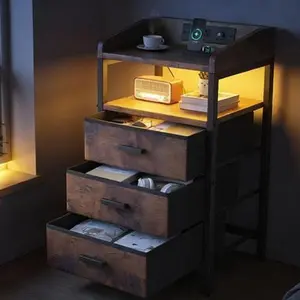 Rustic Brown Night Stand with Charging Station 2 USB Ports 3 Fabric Drawers Sturdy Frame for Bedroom Easy Mobility Storage & Safety