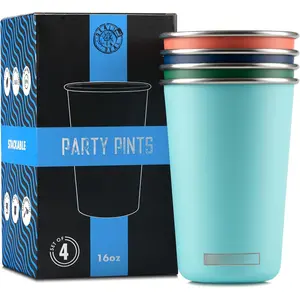 Party Pints: 16 oz Pint Cups, Stackable Tumblers,   Metal Drinking Glasses