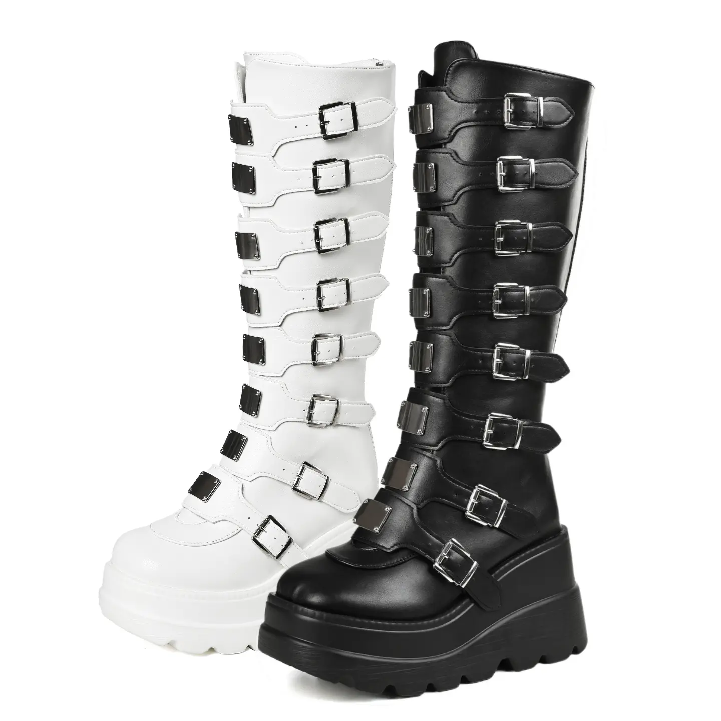 EROCALLI Women's Chunky Platform Ankle Booties - Goth Punk Knight Heeled Combat Shoes with Buckle, Round Toe, White Black Footwear, Statement Shoes, Shoe