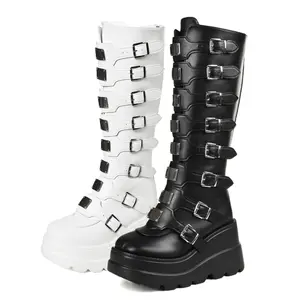 EROCALL  Women's Chunky Platform Boots Goth Heeled Combat Boots Buckle Knight Punk Gothic Round Toe Ankle Booties White Black