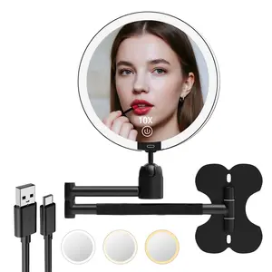 Wall-Mounted Illuminated Makeup Mirror, 6 Inch Dual-Sided Design, 1x & 10x/20x/30x Magnification, Adjustable Three-Color Lights, Rechargeable Arm, Mirror with Lights, Lighted Makeup Mirror
