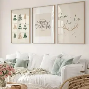 3-Piece Christmas Gallery Wall Art Set, Wooden Frame Winter Canvas Prints for Living Room & Kitchen Decor, Holiday Gift Idea