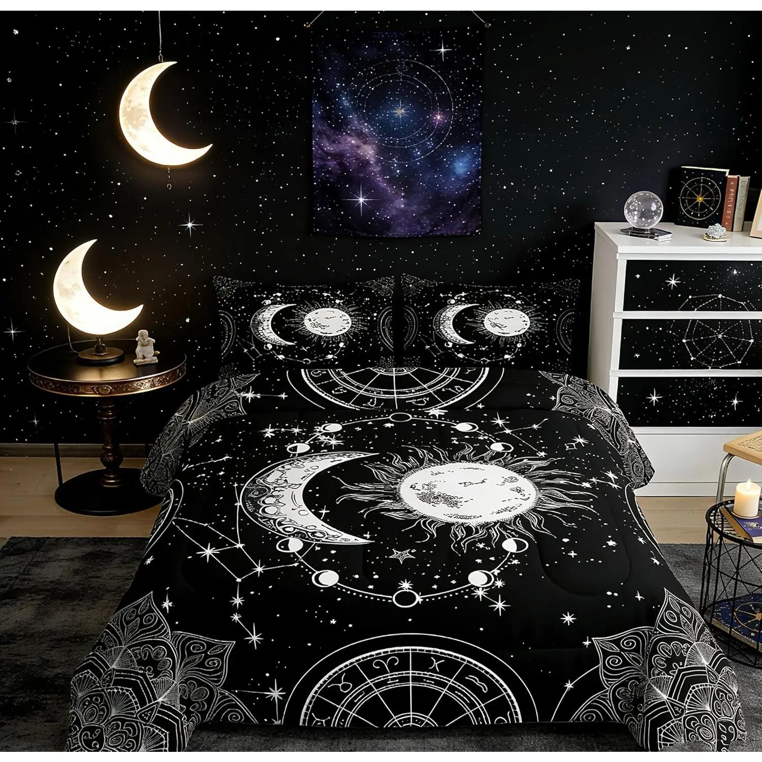 Sun and Moon Bedding Set,Constellation Galaxy Comforter for Kids Boys Girls Teens Psychedelic Boho Mandala Comforter Breathable Celestial Duvet Set,Black White Room Decor Quilt Cover