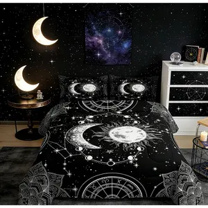 Sun and Moon Bedding Set,Constellation Galaxy Comforter for Kids Boys Girls Teens Psychedelic Boho Mandala Comforter Breathable Celestial Duvet Set,Black White Room Decor Quilt Cover