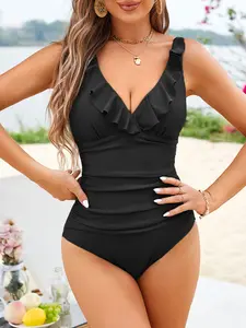 Women's Solid Color Ruffle One-Piece Swimsuit, Beachwear Bikini Swimwear, Slimming Design, Perfect for Summer Pool & Beach