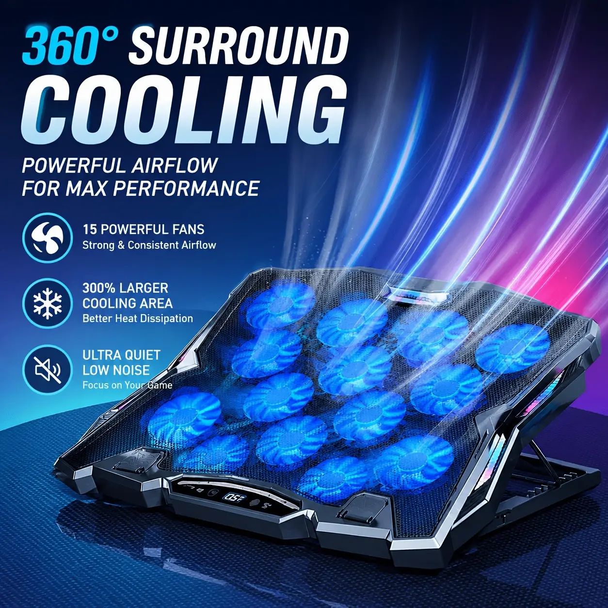 ICE COOREL Laptop Cooling Pad with 15 Fan Heatsink, Metal Mesh Surface, Quiet and Fast Heat Dissipation, Neck Support, Worth Owning for Gaming Enthusiasts