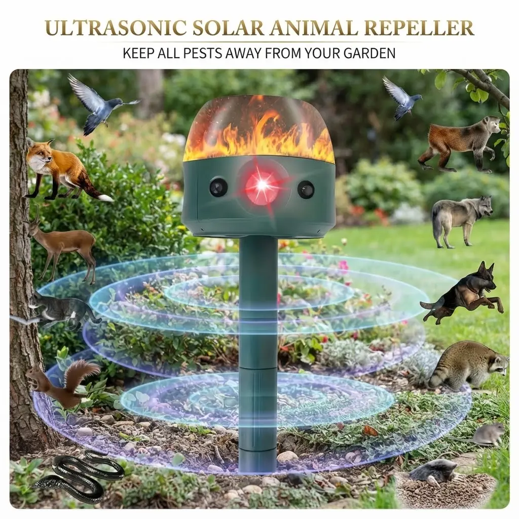 Solar-Powered 5-Flashing LED Animal Repeller - Motion-Sensor Ultrasonic Deterrent, Weatherproof High-Power Solar Outdoor Lights, Easy Installation, 26 Ft Detection Range, Yard/Garden Stake Mount for Deer, Rabbits