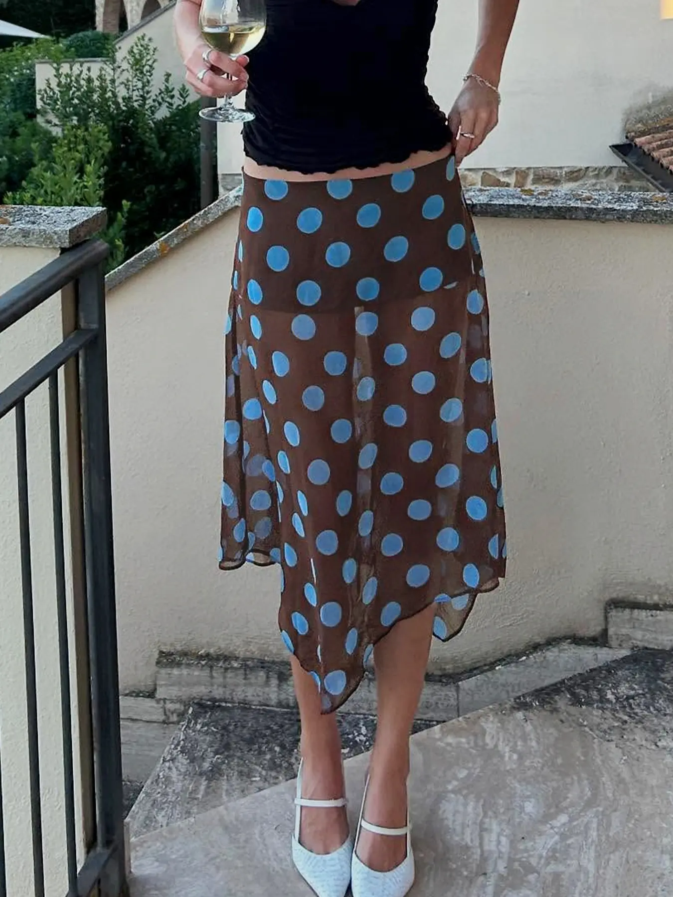 Colorblock Polka Dot Midi Skirt, Bottom, Mesh Sheer Asymmetrical Hem Design, Casual Fashion for Women, Perfect for Spring & Fall Seasons, Asymmetrical Hemline