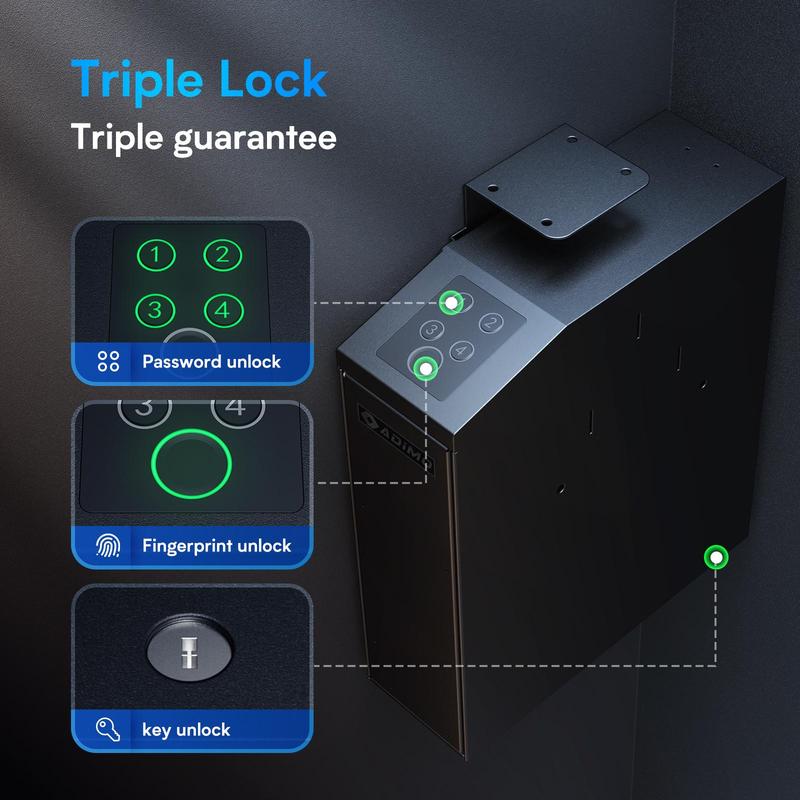 ADIMO Biometric Fingerprint Safe with Keypad Lock, G safe for Nightstand Wall Mount Bedside Desk Vehicle Bed