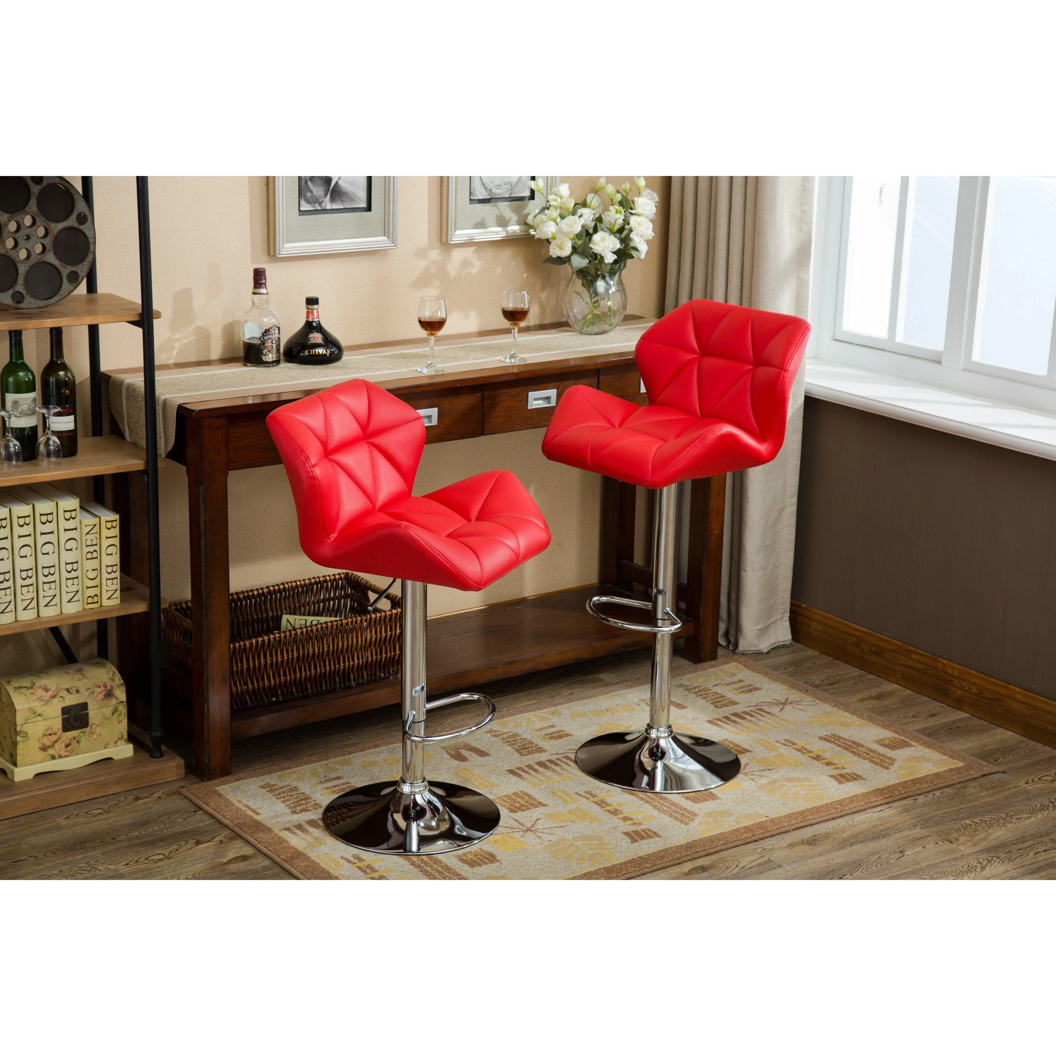 Glasgow Contemporary Tufted Adjustable Height Hydraulic Red Bar Stools, Set of 2