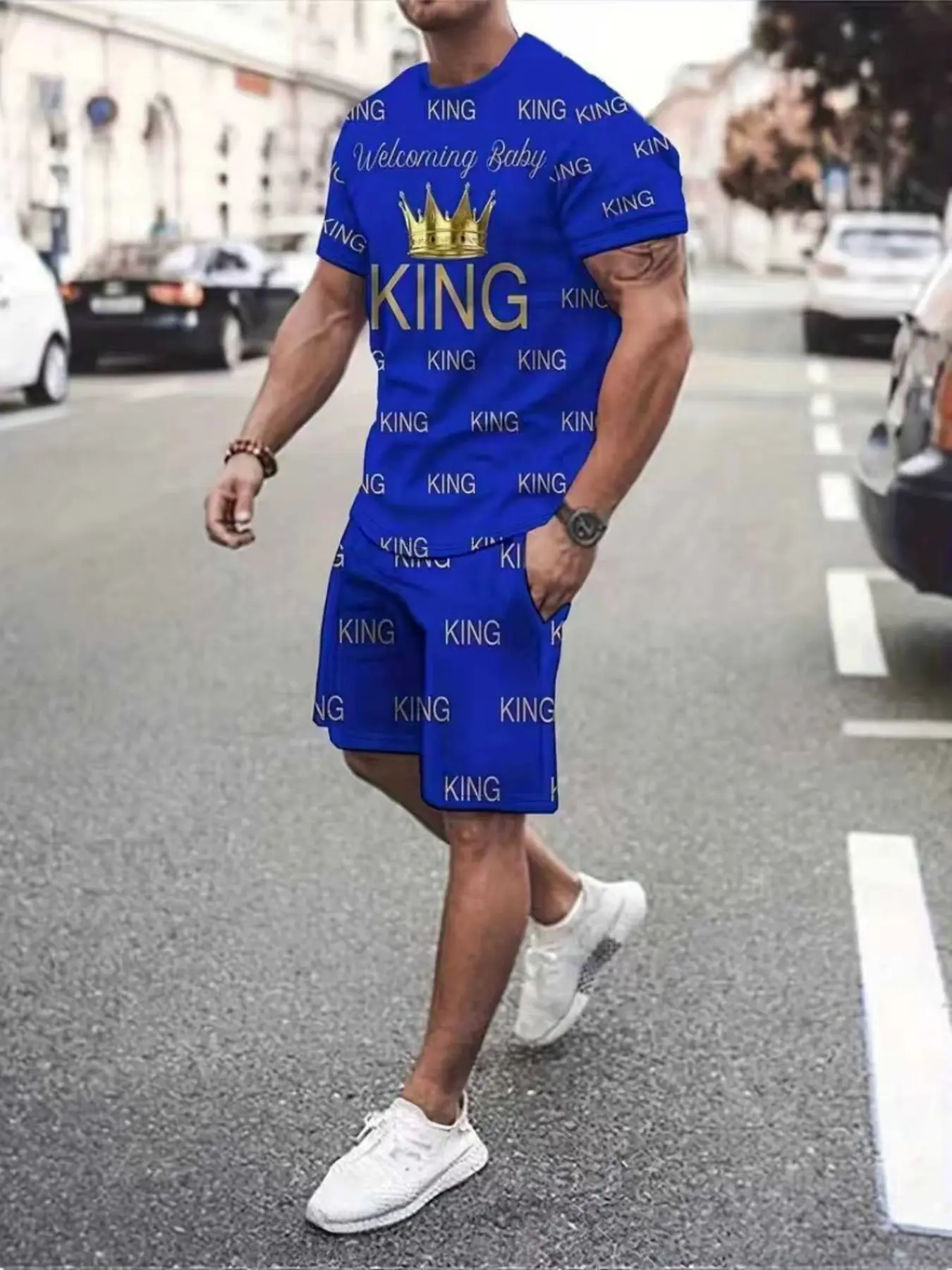 Men's Summer Classic Menswear Clothing Set Matching Sets, King Letter Print Breathable Short Sleeve Round Neck Tee and Elastic Waist Pocketed Shorts, Casual Fitted H-Type, Shorts Set Tracksuits Summer Outfits Set