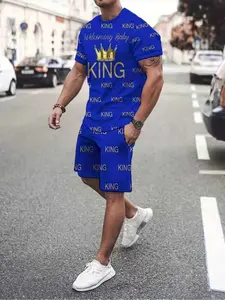 Men's Summer Classic Menswear Clothing Set Matching Sets, King Letter Print Breathable Short Sleeve Round Neck Tee and Elastic Waist Pocketed Shorts, Casual Fitted H-Type, Shorts Set Tracksuits Summer Outfits Set