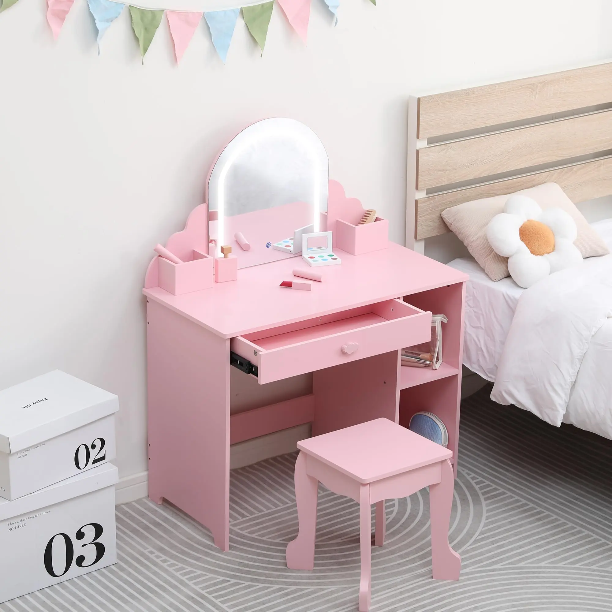 Garvee Wooden Vanity Set for Girls with Adjustable LED Lighted Mirror, Stool, Storage Drawer and Shelves, Ideal for Ages 3 to 9, Pink