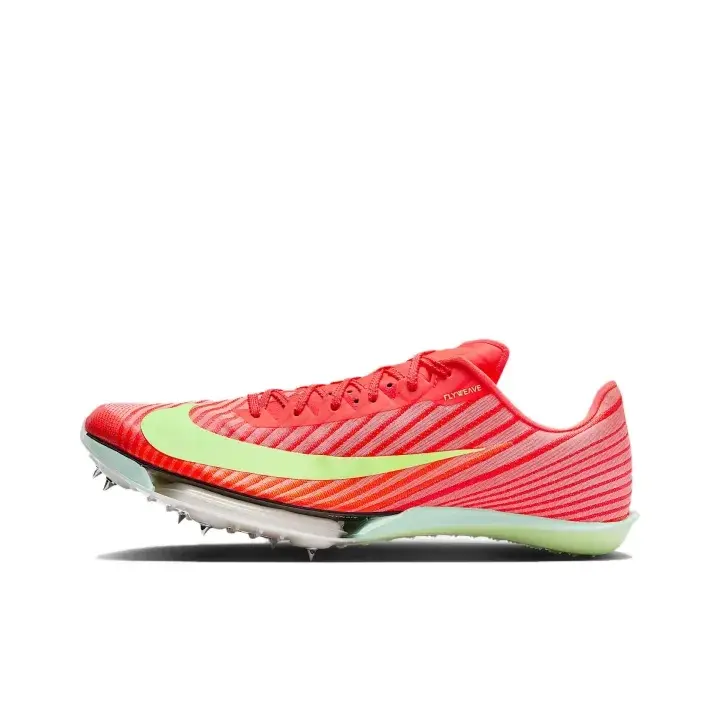 Bright red gradient striped flyweave sprint track spikes eye-catching unisex hypebeast street kicks woven textured gradient red upper neon lime green large side swoosh transparent foam cushion midsole metal spike traction outsole low profile design track