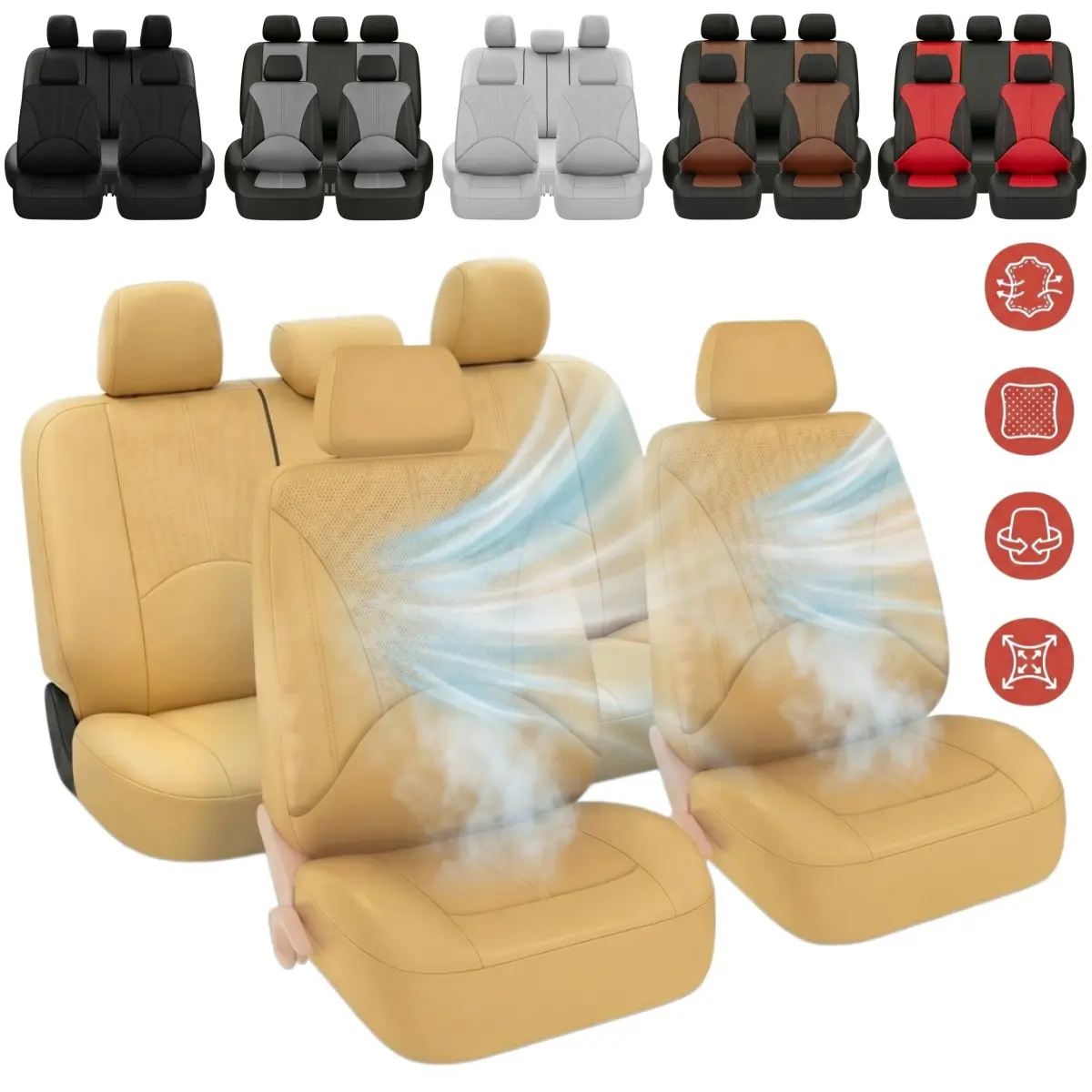 Breathable Leather Full Set Car 2 / 5 Seat Covers, Durable Stitching Automotive Seat Protectors, 5 Seats Front & Rear Complete Seat Cushions Waterproof Wear-Resistant Auto Interior Accessories Universal for Most Sedans SUV Cars