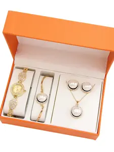 Women's Fashion Luxury Watch Set Gift Box, Includes Watch, Bracelet, Necklace, Earrings, 4pcs Artificial Leather Jewelry