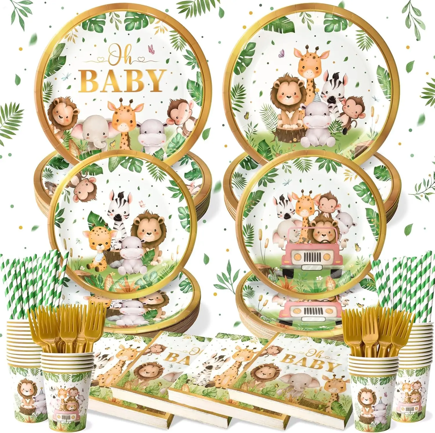 144 Pcs Safari Baby Shower Plates and Napkins (Serves 24 Guests), Plates Napkins Cups Straws and Forks Sets, Party Supplies, Jungle Safari Baby Shower Decorations