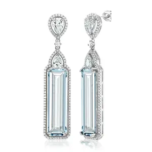 Gem Stone King 925 Sterling Silver Simulated Aquamarine Art Deco Dangle Earrings For Women (12.00 Cttw, 2 Inch)
