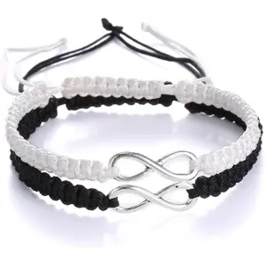 2PC/Set Stainless Steel 8 Infinity Couple Bracelet Braided Leather Rope Bangle Wrist Adjustable Chain Fit 7-9 Inch for Lover Friendship,gifts for couple girlfrend boyfriend