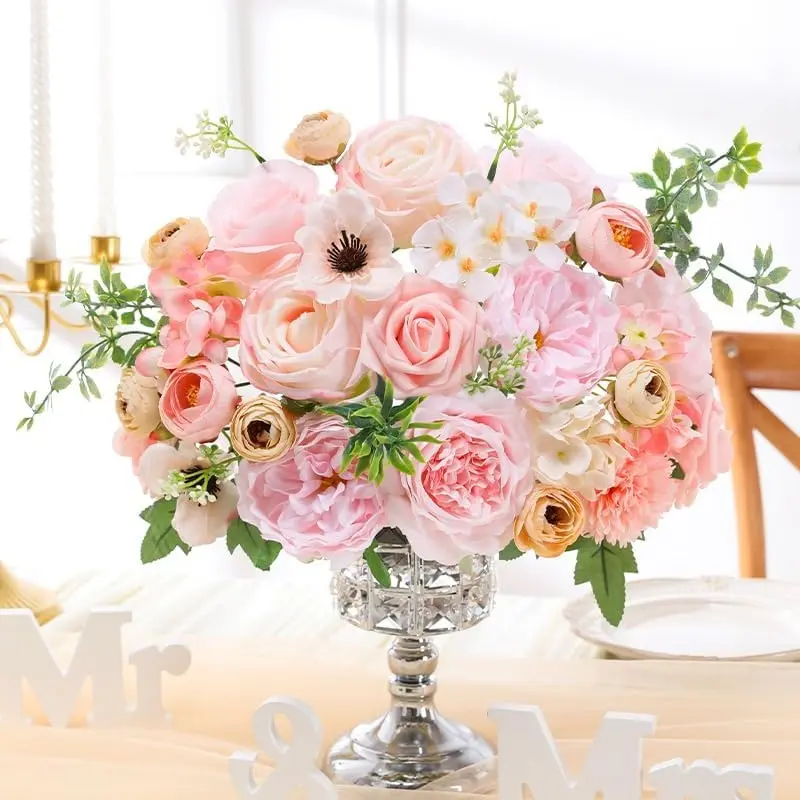 Floweroyal Pre-Picked Mix Artificial Flower Arrangement - Iron-Reinforced Plastic Silk Roses, Peonies, Chrysanthemum Stems, Mixable Blooms, Box-Packaged Home Decor with Corsage & Cake Top Use, Fluff-Up Steamer Compatible for Table, Anniversary