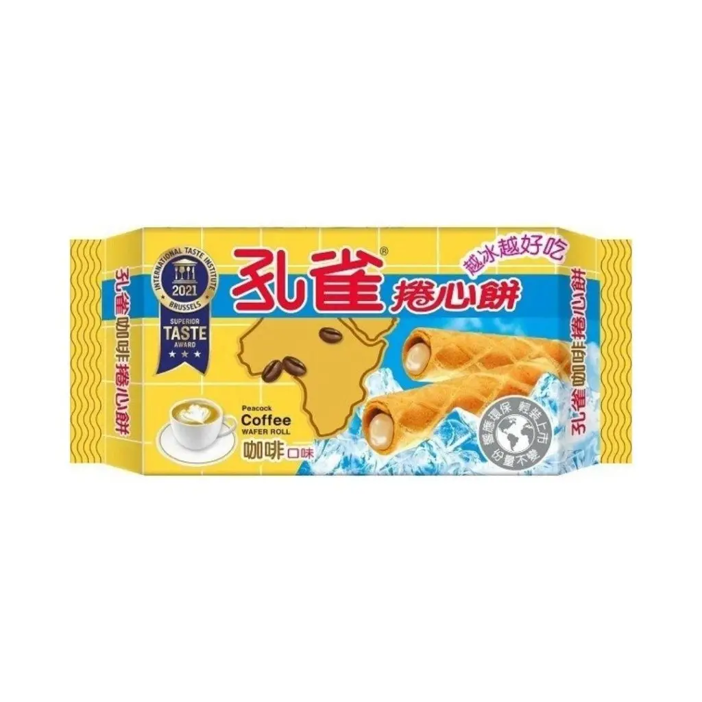 Peacock Rolled Biscuits, Wheat Flour Crispy Snack, 63g Bold Coffee Flavor Aromatic Coffee Cream Sweet Treat, Aromatic Coffee Flavor