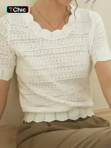 Women's Knitted Crew Neck Pullover Sweater, Short Sleeve Solid Color Hollow Out Ruched Edge Design, Fashionable Commuter Elegant Spring Summer Fall Wear