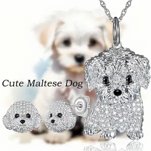 3 Pcs/Set Adorable Maltese Dog Alloy Pendant Necklace & Earrings Set - Cute Pet Jewelry Gift For Girls, Elegant And Fashionable Accessories For Birthday, Christmas, Music Festival, Theme Party