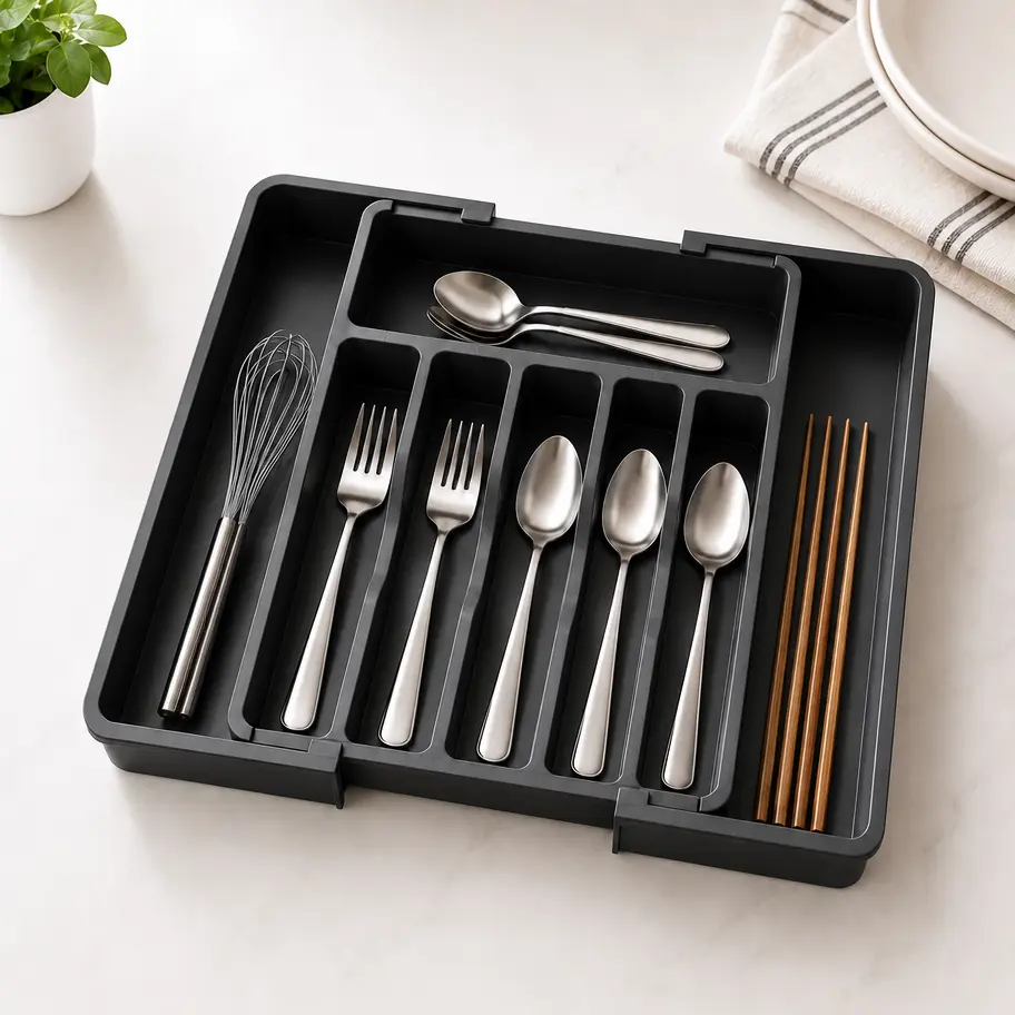 Silverware Drawer Organizer, Expandable Utensil Tray for Kitchen, Divided Compartments, BPA Free Flatware and Cutlery Holder, Adjustable Plastic Storage for Spoons Forks Knives, Durable Plastic Organizers