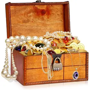Wooden Treasure Chest with Lock,  Pirate Chest Keepsakes Box for  Gifts,  Treasure Storage Decorative Box with Handle for   Collectibles, Medium