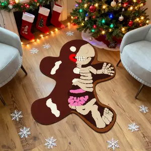 Creative Christmas Gingerbread Man Rug, Soft Plush Skull Mat, American Retro Style Carpet for Living Room Bedroom Bathroom