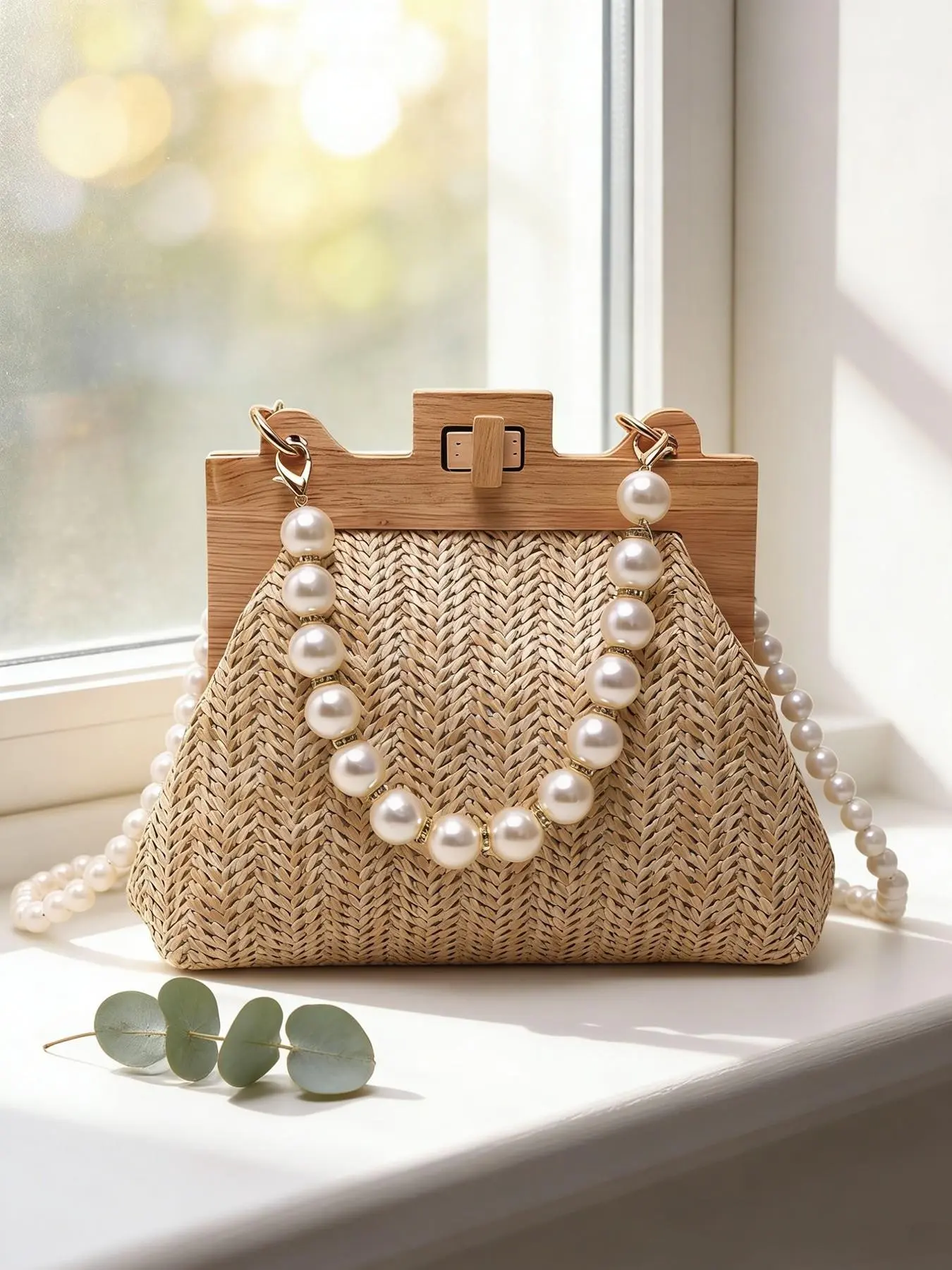 Gentle style atmosphere, niche personality woven handbag, pearl shoulder strap handle design, retro fashionable practical and exquisite style shoulder bag, suitable for beach vacation and outdoor shopping