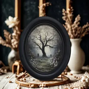 Handmade Oval Wooden Picture Frame, Rustic Farmhouse Wall Art, Gothic Tree & Cemetery Scene, Reusable Framed Decoration for Living Room Bedroom