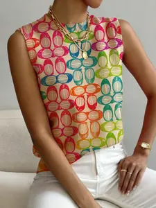 Women's Geometric Pattern Colorblock Sweater, Casual Fitted Short Sleeveless Knit Top, Comfortable Warm Clothing for Spring Summer Fall