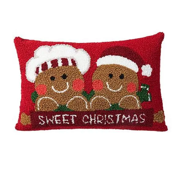 Glitzhome 18" Hooked Pillow with Gingerbread Boy and Girl