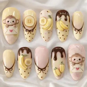 Kawaii Monkey Punch Press On Nails, Cute Banana Monkey Press On Nails, Kawaii Dessert Nail Set