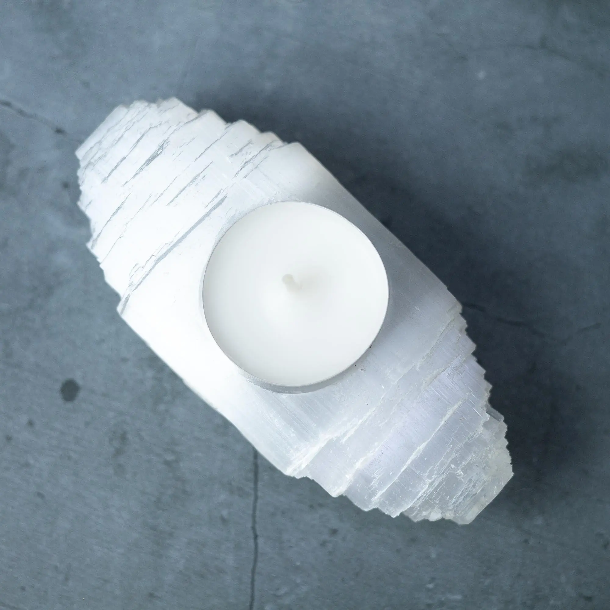 Selenite Log Candle Holder, Rough Cut Crystal Tea Light Holder, Selenite Crystal Decor, Crystal Gift