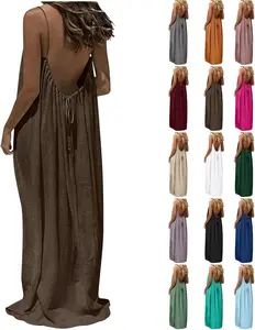 Backless Cami Dresses for Women Cami Lounge Dress Backless Sleeveless House Dress Long Sundress with Back Tie