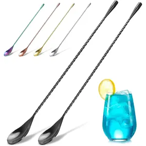 2-Pack 12 Inches Stainless Steel Bartender Mixing Spoon Cocktail Stirrers Spiral Pattern Long Handle Bar Spoon (Black)