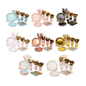 200 Pieces Disposable Party Tableware Set, Blue Gold Rose Gold Paper Plates Napkins Cups, Wedding Bridal Shower Supplies