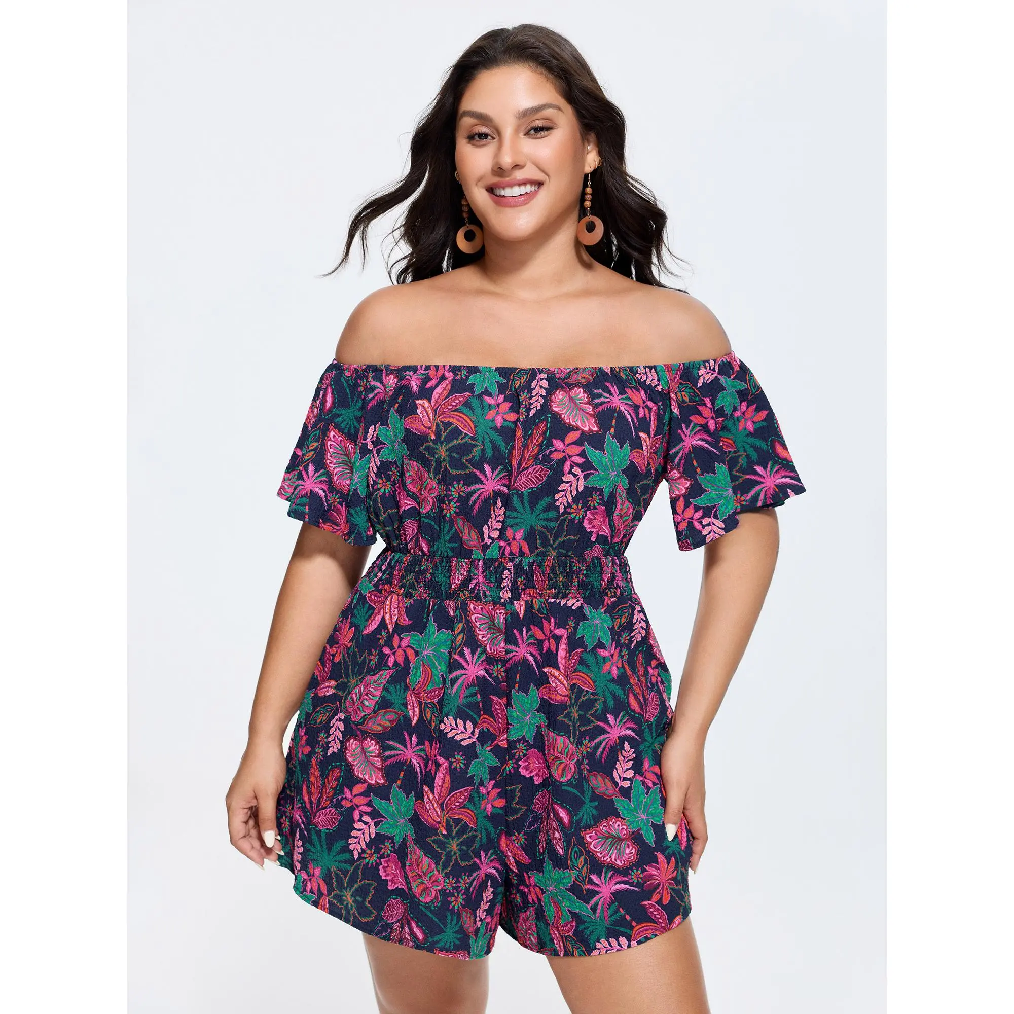BloomChic Plus Size Off-Shoulder Romper for Women, Ruffled Tropical Print Resort Wear in Smooth Polyester with Pockets, Overalls, Garment, Fit