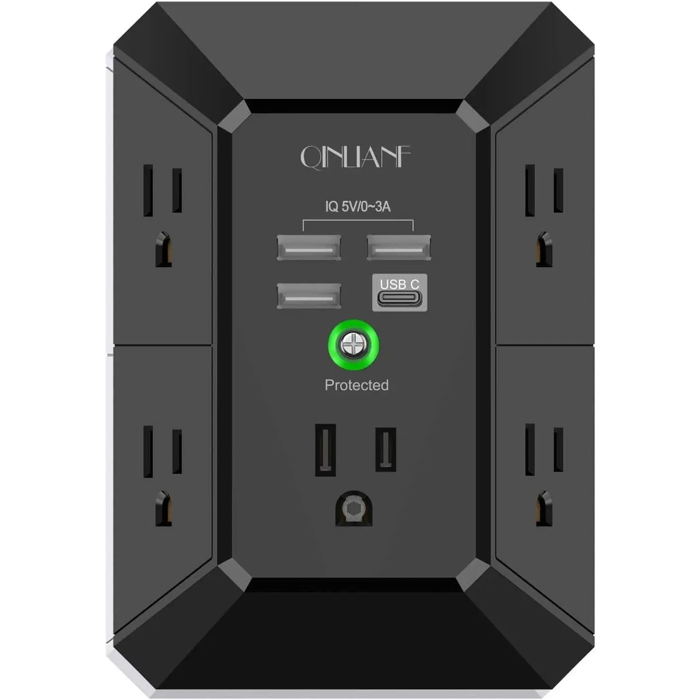 USB Wall Charger, Surge Protector, QINLIANF 5 Outlet Extender with 4 USB Charging Ports (4.8A Total) 3-Sided 1680J Power Strip Multi Plug Outlets Wall Adapter Spaced for Home Travel Office, Black
