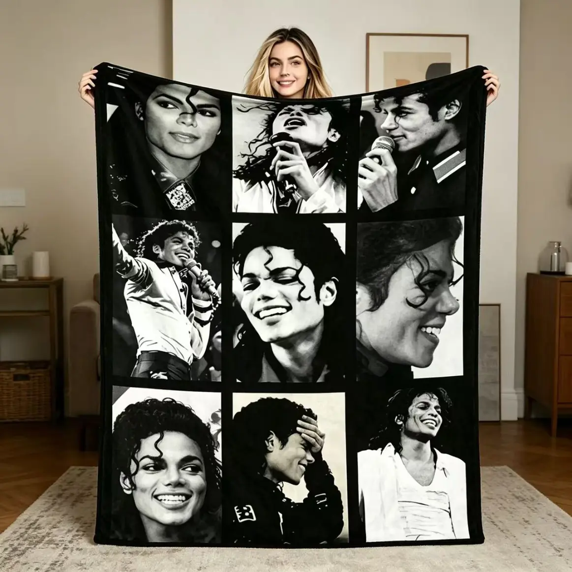 Pop Music Legend Inspired Collage Flannel Blanket, Black and White Portrait Style Soft Cozy Plush Throw Blanket for Bedroom, Sofa, Living Room, Music Fans and Decorative Gift
